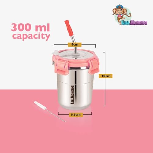 Image of LiLLMONKiDZ Stainless Steel Tumbler for Kids 300ml | Tumbler Glass with Straw for Kids | Steel Tumbler with Lid, Straw, Cleaning Brush and Silicon | (Ice Pink 1pc)