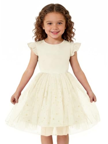 Haloumoning Toddler Baby Girls Tutu Dresses Kids Summer Ruffle Short Sleeve Star Sequin Tulle Party Dress 9M-8Y Beige
