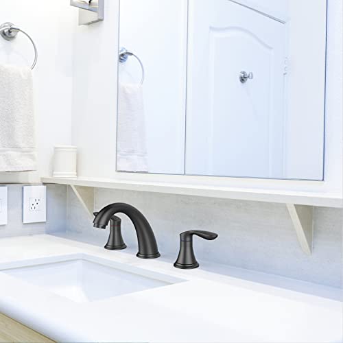 Bathroom Sink Faucet, Faucet for Bathroom Sink, Widespread Matte Black Bathroom Faucet 3 Hole with Plastic Pop Up Drain and cUPC Lead-Free Hose - (Matte Black) by Hosslly - Used condition - Image 2