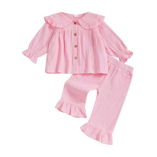 Image of Gueuusu Toddler Girls Linen Outfit Peter Pan Long Sleeve Button Up Shirt Ruffle Pants Set Baby Girl Baptism Photoshoot Outfit