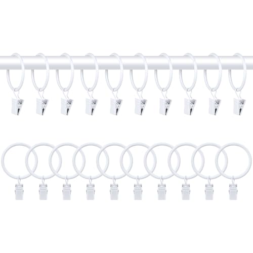 Oualhoo 20 PCS Metal Curtain Rings with Clips, White Drapery Rings for Hanging, Curtain Clips 1.5