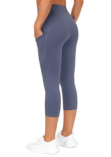 Image of THE GYM PEOPLE Thick High Waist Capris Yoga Pants with Pockets, Tummy Control Workout Running Yoga Leggings for Women