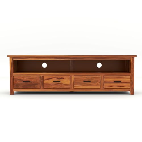 Image of Sheesham Solid Wood TV Cabinet for Living Room | Handcrafted Wooden TV Unit with Storage | Elegant Entertainment Stand for Modern Homes (4 Drawer Tv Cabinet, Honey)