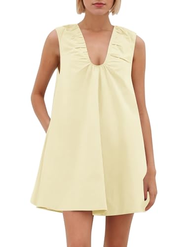 Image of Women Summer Sleeveless Babydoll Mini Dress Scoop Neck Loose Fit Tank Dresses Party Ruched Short Dress with Pockets