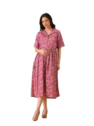 Image of The Mom Store Maternity and Nursing Dress | Pre and Post Pregnancy Dress for Womens | Zipper /Button Opening | Causal Wear | Trendy Stylish Causal Dresses for New Moms