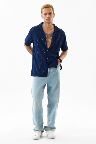 Image of SNITCH Men Casual Shirt | Regular Fit Half Sleeve Cuban Collar Textured Pattern with Embellished Sequins | 100% Viscose & Breathable Fabric for Everyday Wear