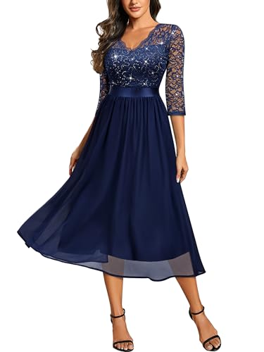 Miusol Women's Elegant V Neck Sequin Lace Sleeve Bridesmaid Party A-line Dress