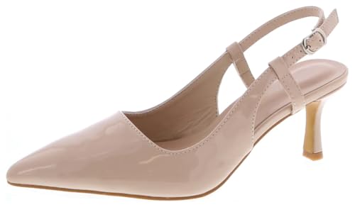 TruFox Damen-Pumps mit spitzem Zehenbereich, Kätzchen-Absatz, Slingback, kurzer Absatz, Schlupfschuh, Hautfarbenes Lackleder, 42 EU