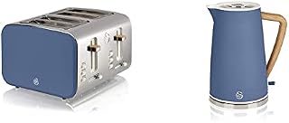 Swan Nordic 4 Slice Toaster, Blue, 1500W, Scandi Style, ST14620BLUN & Nordic Jug Kettle, 1.7 Litre, Blue, Rapid Boil, Wood Effect Handle, Soft Touch Housing and Matte Finish, 3KW, SK14610BLUN