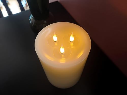 Image of 3-Wick Flameless Pillar Candle with Remote Timer, 3D Moving Flame Real Wax Led Candles (Ivory with Art Water top, 6.5in)