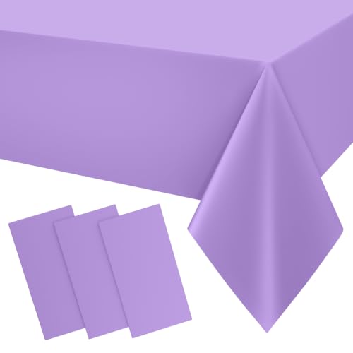 Image of Smiry Disposable Table Cloth 3 Pack, 54 x 108 Inch Waterproof Plastic Tablecloth, Decorative Rectangle Table Covers for Party, Birthday, Picnic, Lavender