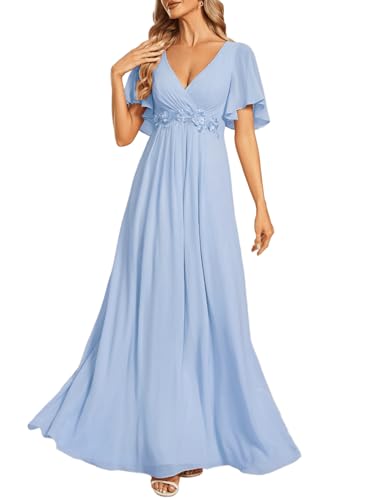 Image of Ever-Pretty Women's Spring Short Sleeve Bridesmaid Dresses V-Neck Chiffon Ruched Empire Waist Appliques Long Formal Dress