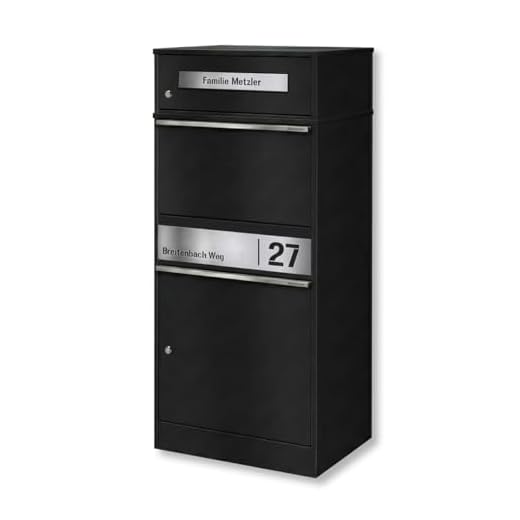 Metzler Paketbox mit 1 Briefkasten – Einzel-Briefkasten mit Paketfach & Namensgravur, personalisierte Blende aus Edelstahl – Outdoor Paketbriefkasten draußen XXL – Schwarz – Modell Bispo