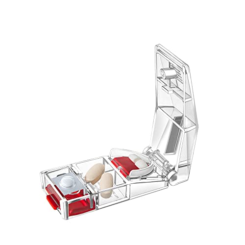 MAXSPLIT Pill Splitter and Cutter with Pill Puncher | Cuts Small and Large Pills, Vitamins, or Tablets with Stainless Steel Blade | Non-Slip Press Point Pill Splitter (Clear Red)