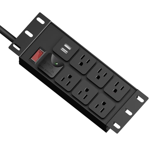 Protector eléctrico GUITK Rack PDU 10" 2U con 6 tomas, protección contra sobretensiones de 1020J, 125V/15A, cable 14AWG de 1.83 m y 2 puertos USB-A