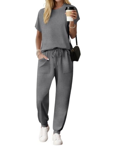Ekouaer Lounge Sets for Women 2 Piece Cotton Short Sleeve Tops and Pants Sets Casual Outfits Matching Tracksuit Set Dark Gray S