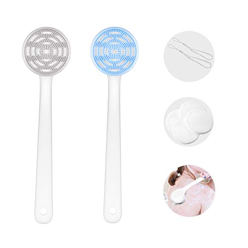 Soft Silicone Body Scrubber, AuroTrends 2021 New Bath Body Brush with Long Handle for Shower, BPA-Free, Non-Slip, Built-in & Removable Sponge (Grey+Blue)
