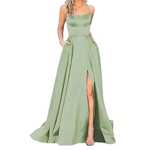 Hengqiyuan Abendkleider für Damen, Ballkleider für Damen Sexy Schulterfrei Lang Elegant Satin Spaghettiträger Geburtstagsfeier Abschlussball Hochzeitskleid,Q,EU32 Cover