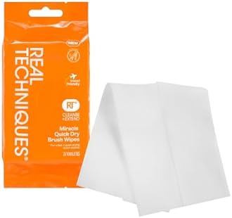 Real Techniques Miracle Quick Dry Brush Wipes, Remove Product Build-Up, Easily Switch Colors, Fast Drying, Convenient Makeup Brush Cleaner, Travel-Friendly, Cruelty-Free & Vegan, 20 Count