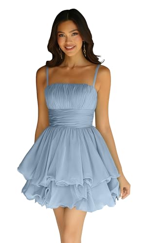 Square Neck Homecoming Dresses Short for Teens Chiffon Tiered Puffy Formal Prom Cocktail Party Gowns