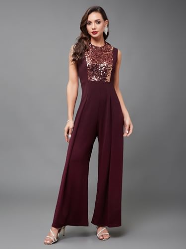 Miss Olive Women's Halter Neck Sleeveless Solid Pleated/Wide Leg Sequin Paneled Regular Length Jumpsuit (Moaw19D04-23-184-06,Wine,XL)