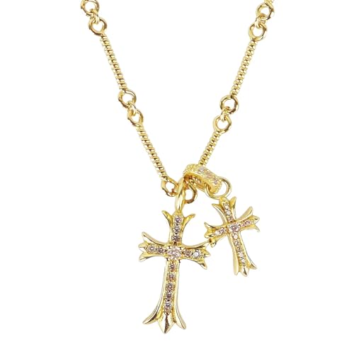 Double Cross Vintage CZ Diamond Cross Long Pendant Necklace 18k Gold Plated Choker Necklace for Women,Trendy Jewelry Gifts for Women.