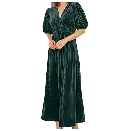 Robe longue élégante en velours avec col V et manches bouffantes
