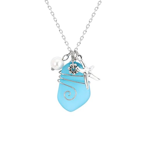 Sea Glass Jewelry Handmade Necklace for Women Coastal Wire Wrapped Beach Necklaces with Starfish Pendant and Freshwater Pearls Ocean Inspired Seaglass Beach Present
