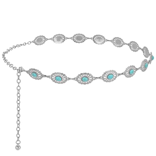 Vintage Western Metal Waist Chain Link Belt with Turquoise Stone Accents, Silver Tone Metal, Small