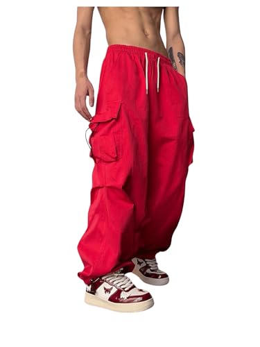 OYOANGLE Men's Baggy Cargo Pants Elastic Drawstring Waist Flap Pocket Y2K Hip Hop Trousers