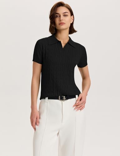 Image of Micoson Womens Short Sleeve Sweater Tops Lapel V Neck Polo Shirts 2026 Summer Cable Knit Loose Blouse Business Casual Outfits