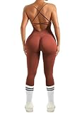 TZLDN Damen Sport Rückenfrei Jumpsuit Yoga Bodysuit Overall Leggings Sporthosen Bandage Playsuits Jogging Strampler Hosenanzug Trainingsanzug mit Polster - Braun S