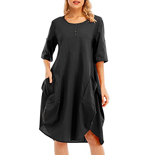 Moochy Vestido de túnica feminino enrolável manga curta confortável bolsos de algodão irregular bain