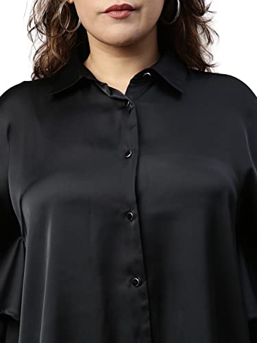 Image of The Pink Moon Women's Regular Fit Plus Size Black Satin Kaftan Top - (SHR TIM10W Black)