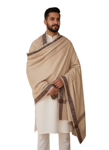 Beige Wool Shawl with Traditional Border Design – Soft, Warm, and Elegant Winter Wrap for Men Stole-image-13