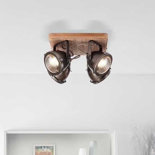 Plafonnier rustique avec spots noirs orientables et support bois véritable