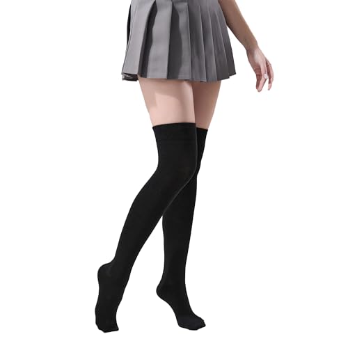 Makii Womens Knee High Plain Stripe Stripy Socks - Ladies Thigh High OTK Long Socks Casual For Daily Wear Cosplay(Black)