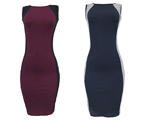 Kit 2 Vestidos Midi Malha Canelada BORDO COM PRETO-AZUL COM CINZA GG