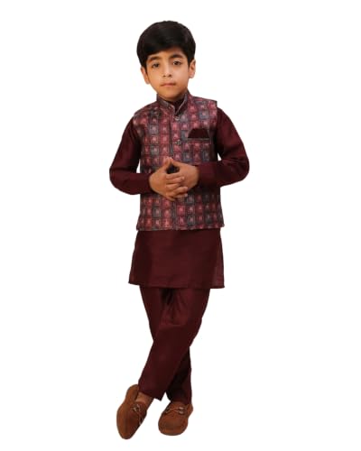 Image of Pro-Ethic Style Developer Kids Kurta Set For Boys With Waist Coat, Ethnic Wear for Diwali, Eid, Raksha Bandhan, Jacquard, Floral Print (Pack of 1)