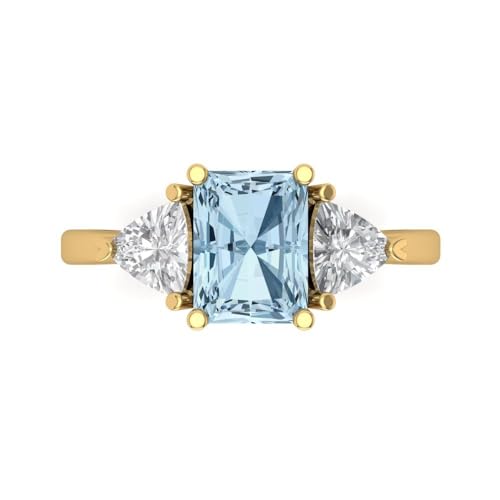 2.82ct Emerald Cut Natural Aquamarine 18K Yellow Gold Three-Stone Wedding Engagement Bridal Promise Ring