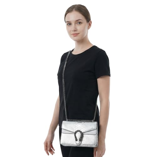 Image of Crossbody Shoulder Square Purse For Women - Fashion Embossed Snake-Print Leather Handbag Metal Chain satchel Tote Bag