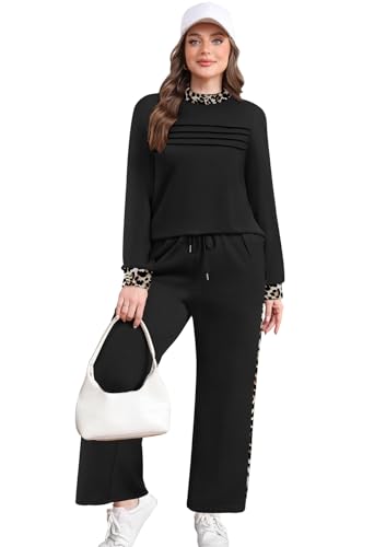 Image of WIHOLL Two Piece Sets for Women Fall Travel Vacation Outfits 2026 Long Sleeve Lounge Sets Side Slit Wide Leg Pants XS-3XL