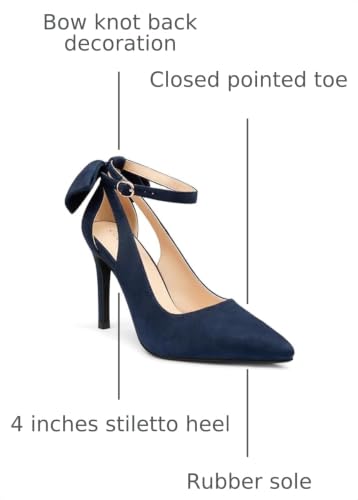 Image of COLETER Womens Back Bow D'Orsay Pumps Pointed Toe Ankle Strap Wedding Heels | 4 Inch Stiletto Heels, Adjustable Ankle Strap, Back Bow Pumps, Formal Evening Bridal Shoes
