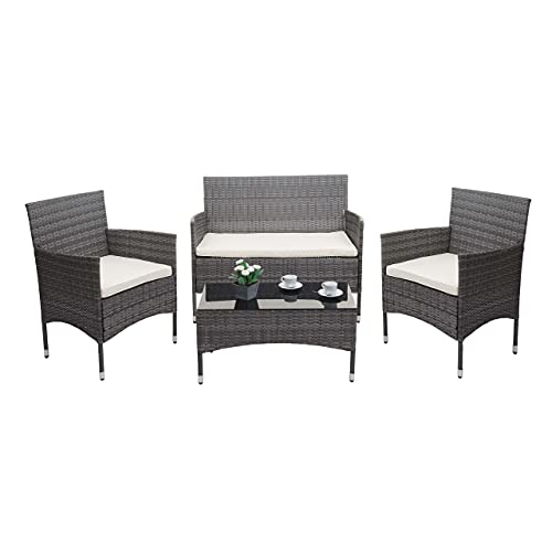 Conjunto de polirratán HWC-F55, conjunto para balcón/jardín/sala de estar Grupo de sofás ~ gris, cojines crema
