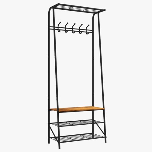 GarveeMore Perchero Zapatero 4 en 1 con EstanteríasPerchero Zapatero 4 en 1 con Estanterías y Ganchos - Organizador para Entrada, Estructura Metálica Acabado Madera, Banco para Calzarse, Fácil Montaje