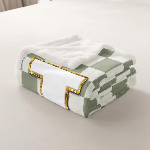 Image of Erosebridal Sage Green Checkered Sherpa Blanket Plaid Initial J Fuzzy Plush Throw Personalized Monogram Fleece Blanket for Kids Boys Girls,Fashion Grids Gingham Decor for Bed Couch Queen 90 inchx90 inch
