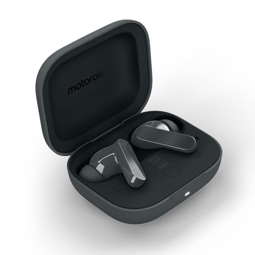 Motorola moto buds bass (Bluetooth 5.3, Hi-Res Sound, CrystalTalk-AI, aktive Geräuschunterdrückung bis 50 dB, bis zu 43 Stunden Akkulaufzeit (Case), 3-fach-Mikrofonsystem, wasserabweisend) Dark Shadow