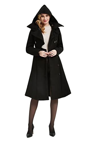 QZUnique Long Trench Pea Coat for Women - Wool Winter Trench Coat Goth Lapel Peacoat Outwear Thick Hood Pea Jacket Trenchcoat4