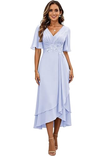 Image of Lace Applique Mother of Bride Dresses Chiffon Mother of the Groom Dresses Tea Length Formal Evening Dress with Sleeve