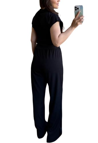 Image of Women's 2 Piece Outfits Casual Summer Cap Sleeve Ribbed Pant Sets Tracksuit